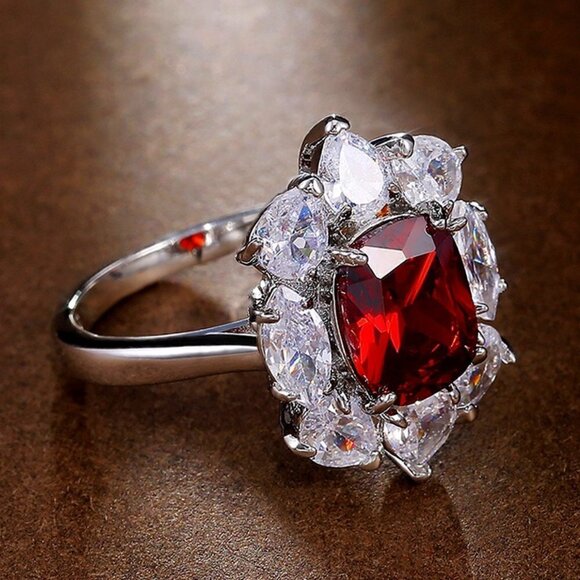 💝 Noble Shiny Flower Ruby Oval Zircon Luxury Rings for Women, PD627 - Picture 3 of 6